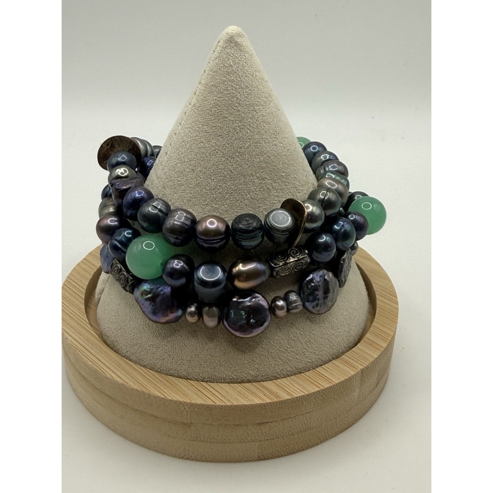 Sterling Silver Beaded Bracelet Shell‎ Stone Triple Strand Blue Green 7"